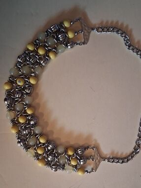 Vintage Yellow and Pale Green Beaded Silver-Tone Multi-Strand Necklace
